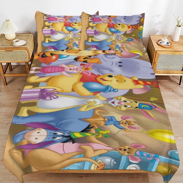 Winnie The Pooh Bed Duvet Cover Microfiber Bedding Sets 3D Printed Lightweight 3 Piece Comforter Sets for Kids Boys Girls