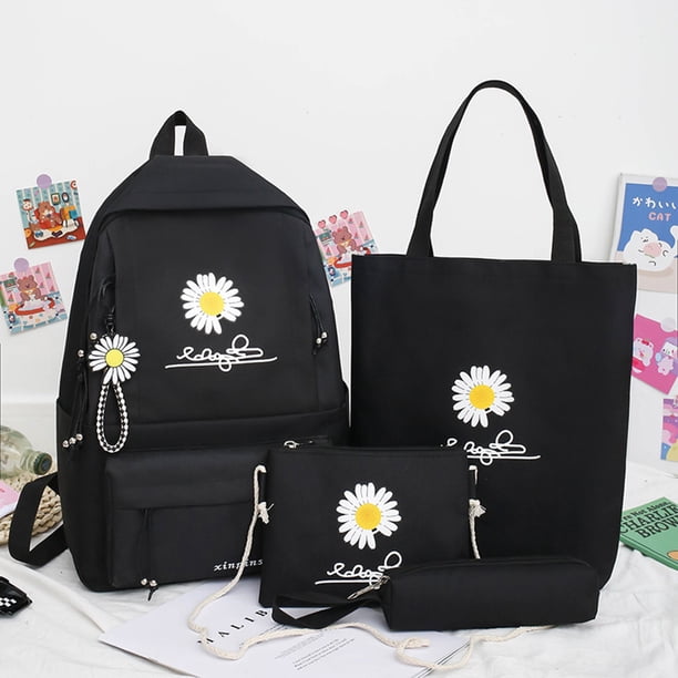 4pcs/Set Preppy Style Daisy Print Backpacks Canvas School Rucksack Teenager Girls Travel Mochila Shoulder Bags Students Clutches