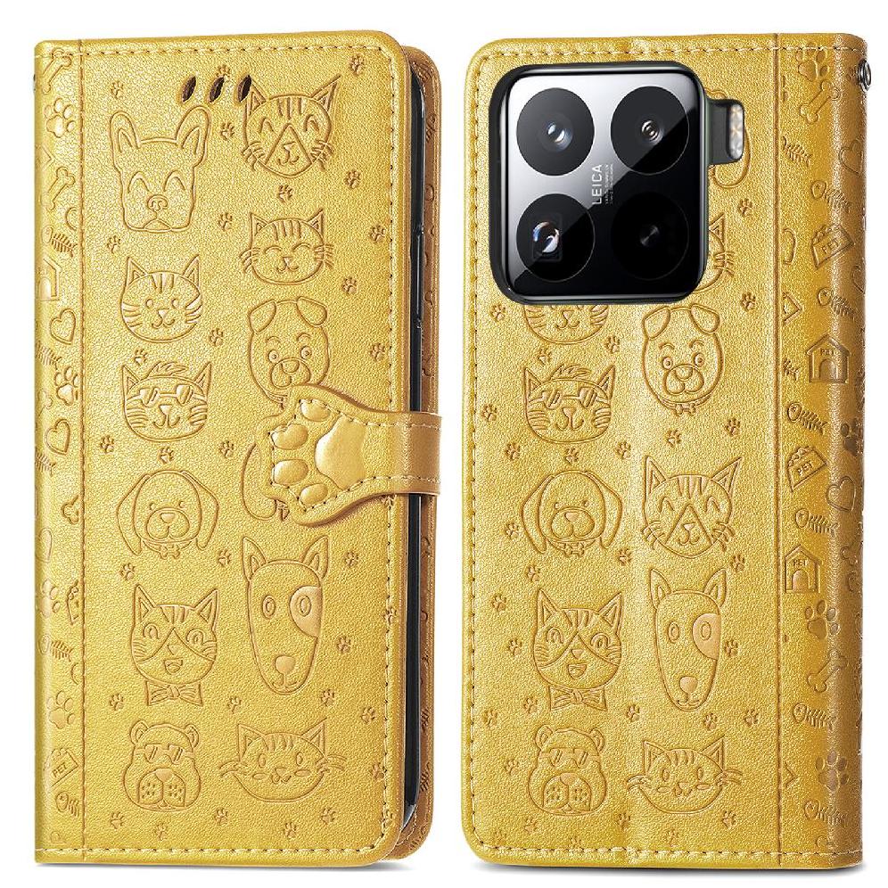 Funda Cartera Foxdock Para Xiaomi 15 Pro , Flip Pu Con Relieve De Gatos Y Perros, Tarjetero Y Soporte