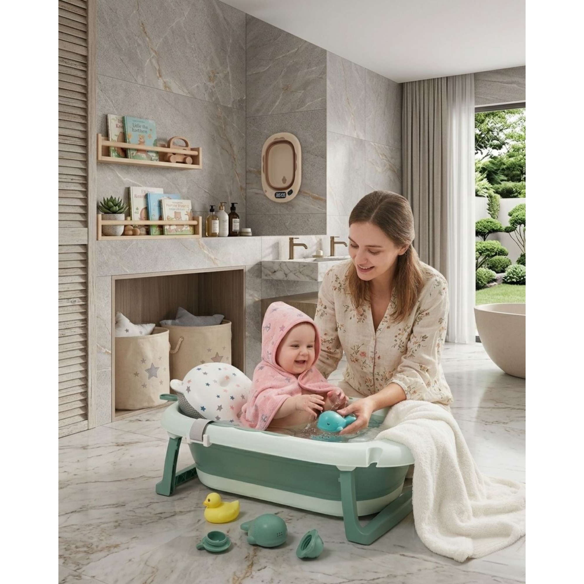 Imac Hogar - Bañera Plegable Verde Ergonómica Para Bebé Con Cojín De Seguridad Y Termómetro Digital
