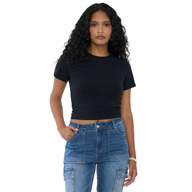 Polera Mujer Crop M/C Esencial Negro Corona