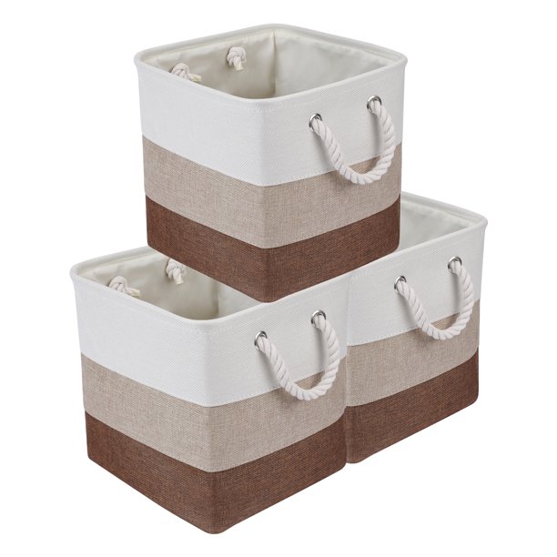 REGALWOVEN Juego de 3 cestas de almacenamiento de algodón con asas para estantes de armario, cesta de almacenamiento plegable para organizar ropa caqui 11.8*11.8*11.8in