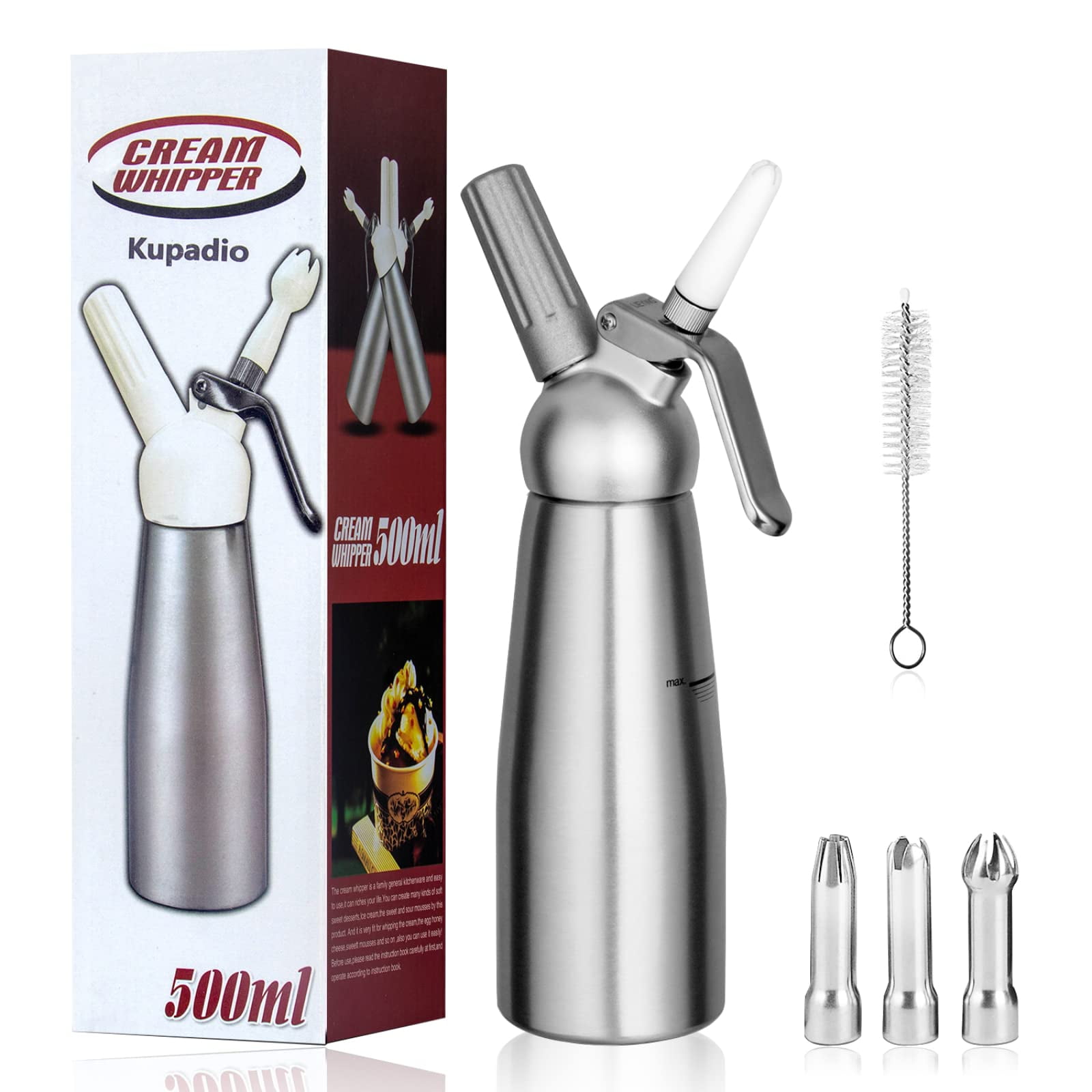 Dispensador De Crema Batida Kupadio De Aluminio 500 Ml Con 3 Boquillas