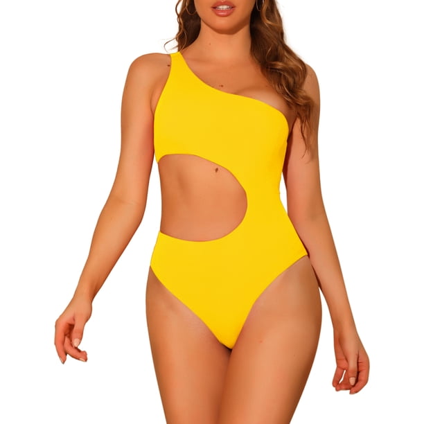 INSPIRE CHIC Traje de baño de una pieza para mujer con un solo hombro, corte asimétrico, con almohadillas removibles, amarillo, mediano