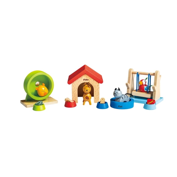 Dollhouse Animal Set Hape Family Pets, loro de madera, hámster, perro y gato