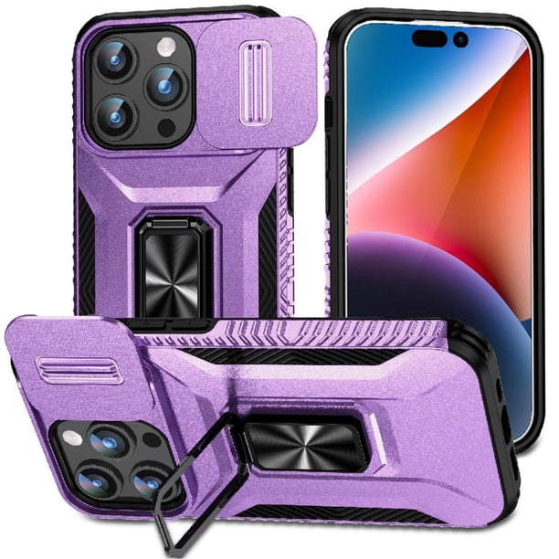 Funda Armada para iPhone 15 Pro con Tapa Deslizante y Soporte Magnético Giratorio Morado