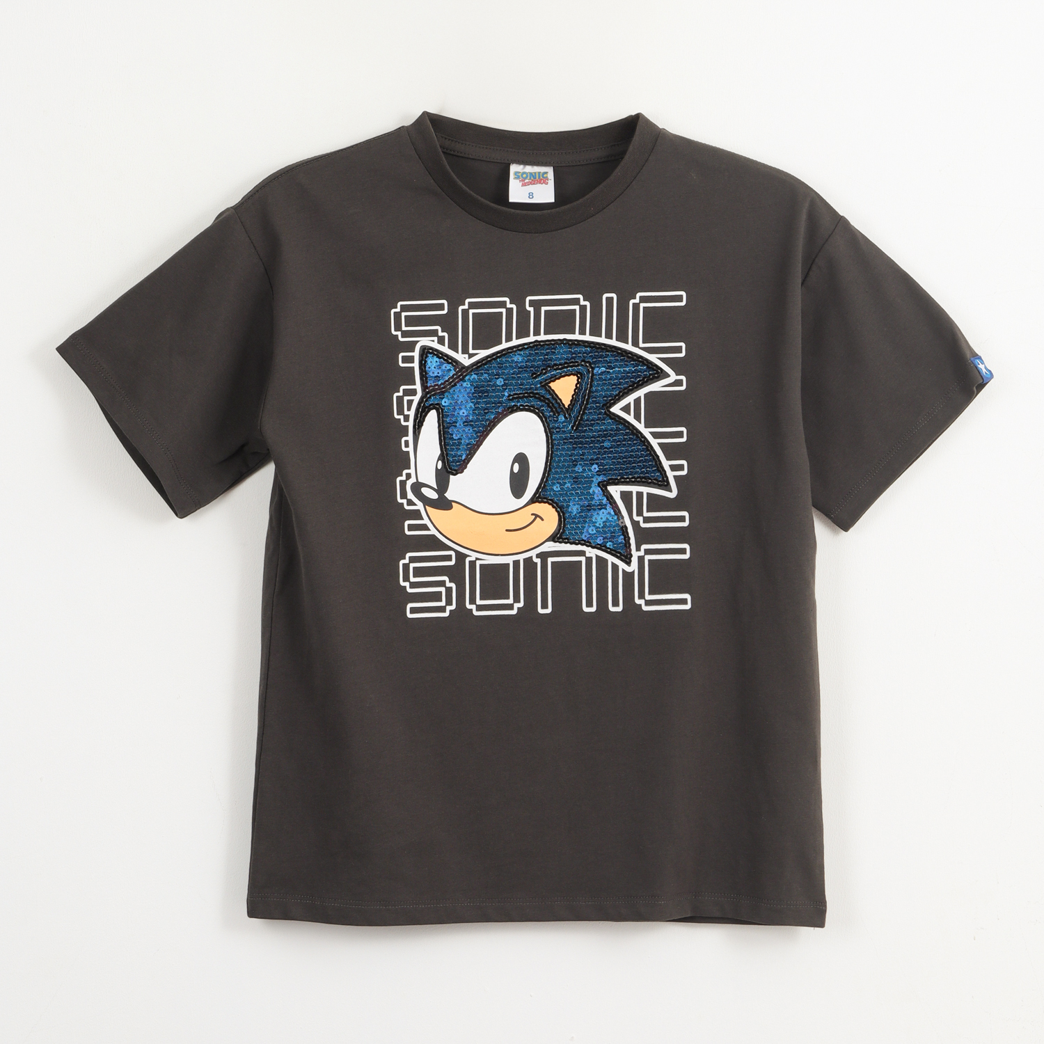 Polera Manga Corta Niño Gris Face Lentejuelas Sonic