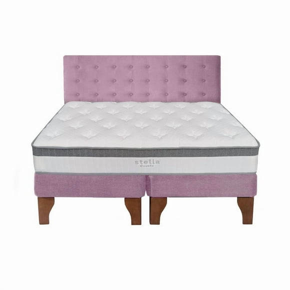 Cama Europea Stella 2 Plazas + Respaldo Capitoné Madera Rosada