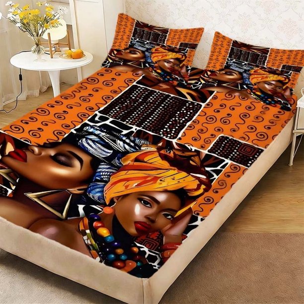 African Art Illustration Duvet Cover Set - Patterned Print Fitted Sheet Set Essential for Home and Guest Rooms Deep Pocket Keeps Sheet Securely in Place Soft an