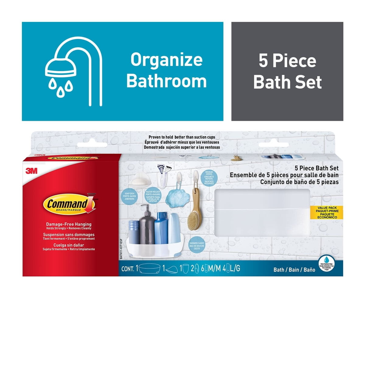 Set Baño 5 Piezas Command Caddy Jabonera Ganchos Pared
