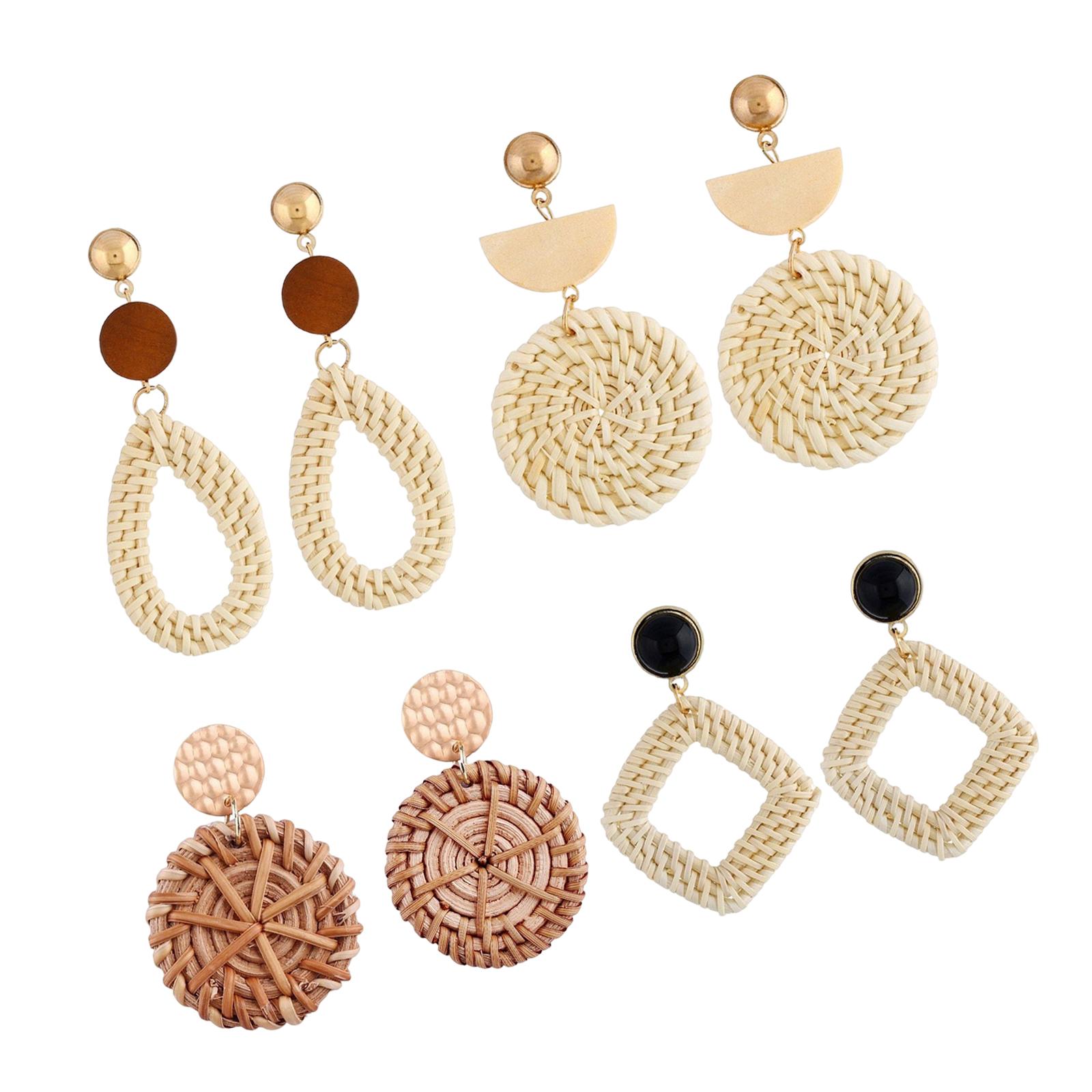 Ioensy - 4 Pares De Aretes De Ratán Llamativos Geométricos Bohemios Para Mujer De Color Oscuro