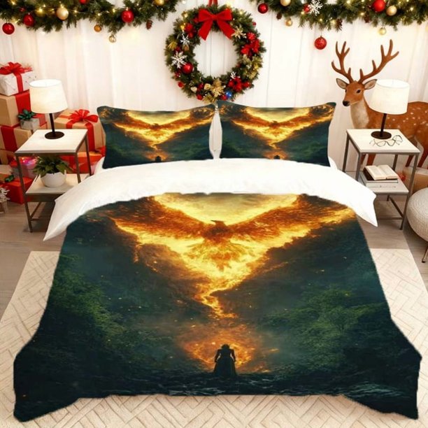 Set Phoenix Bathing in Fire Printed Duvet Cover Set Bedding Soft Duvet Cover And 2pcs Pillowcases All-Season Use Ideal for Home Bedroom And Guest Room Perfect G