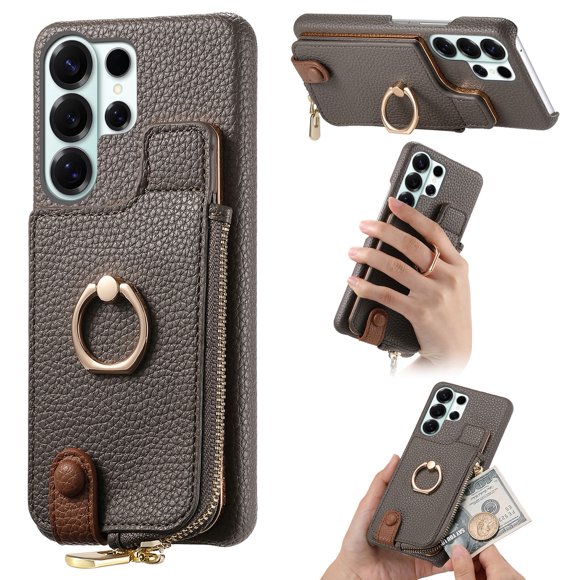 Funda FOXDOCK para Samsung Galaxy S26 Ultra Diseño con anillo, soporte, almacenamiento y protección RFID-gris plateado
