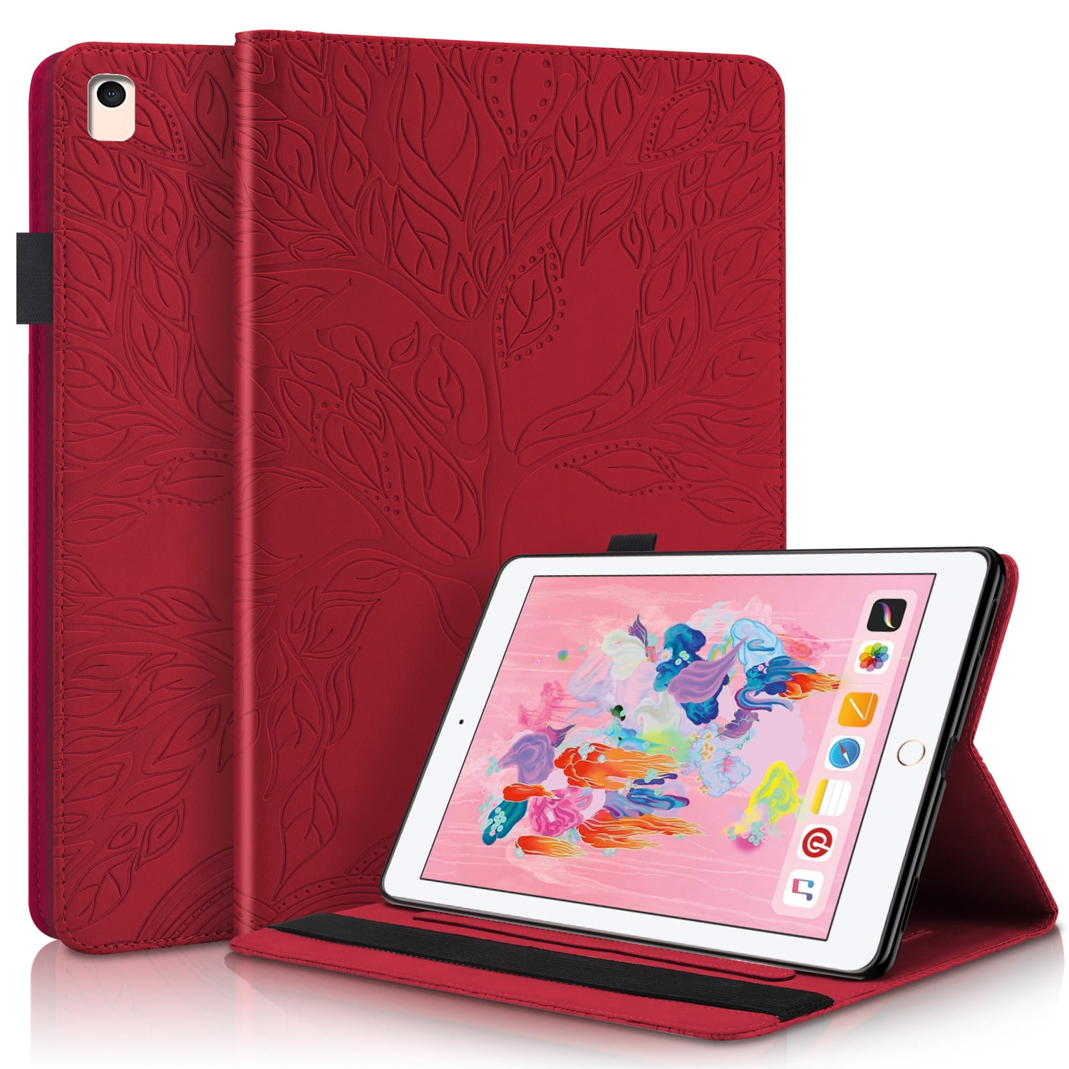 Foxdock - Funda Con Relieve Del Árbol De La Vida Para Tablet Ipad 5/6/8/9 Con Soporte, Ranuras Para Tarjetas Y Soporte Para Lápiz Óptico. Rojo