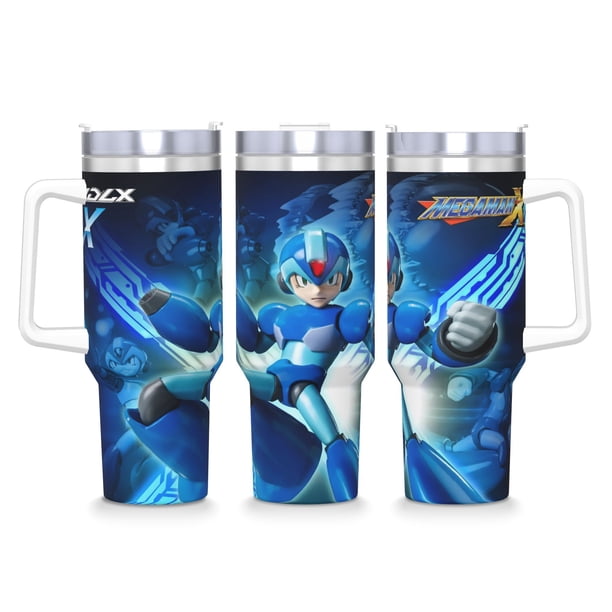 Mega Man Vaso aislado de acero inoxidable con asa, diseño temático, regalo para familia, amigos y fans; incluye pajita y encaja en el portavasos estándar, 40 oz
