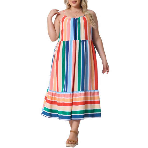 Vestido de Rayas Ajustable de Verano para Playa Maxi Cami de Talla Grande para Mujer de Agnes Orinda 4X Verde Rosa