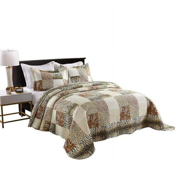 Colcha acolchada de 3 piezas Juego de edredón con estampado de leopardo Ropa de cama Manta arrojadiza