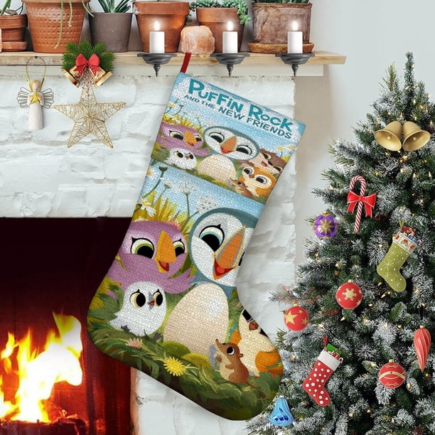 Roca Puffin Tema: Calcetines de Navidad, fino lino blanco para colgar en escaleras y chimenea, decoración navideña para el hogar, regalo de Navidad. 45cm × 32cm