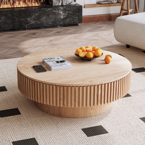 M&Ms - 39.37'' Round Coffee Table With Storage Solid Wood Veneered Modern Coffee Table Accent Tea Table For Living Room, Bedroom, Apartment Or Office, Natural Wood