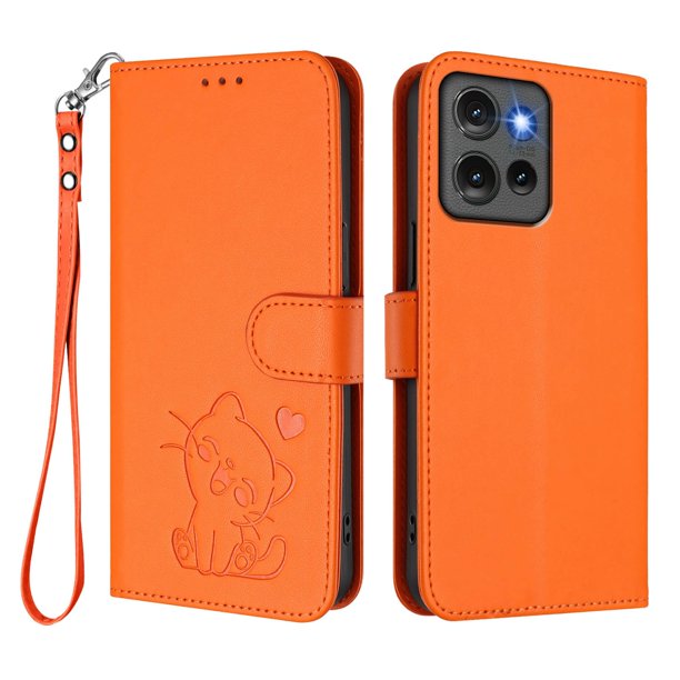 Funda Billetera con Relieve de Gato para Motorola Edge 50 5G, Naranja