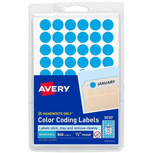 Pegatinas Avery, redondas, con codificación de colores, extraíbles, 1,3 cm, color azul claro