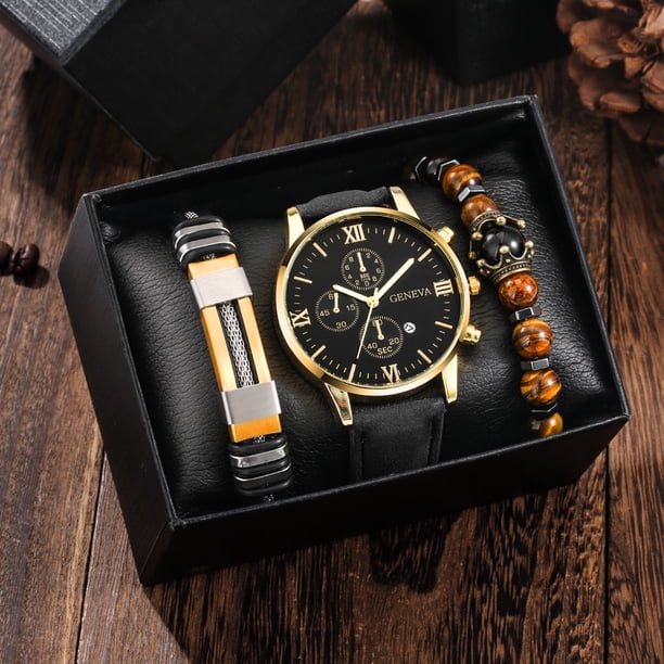 3pcs/set Men's Casual Analog Watch And Classic Bracelets Set (1 Watch+2 Bracelets)