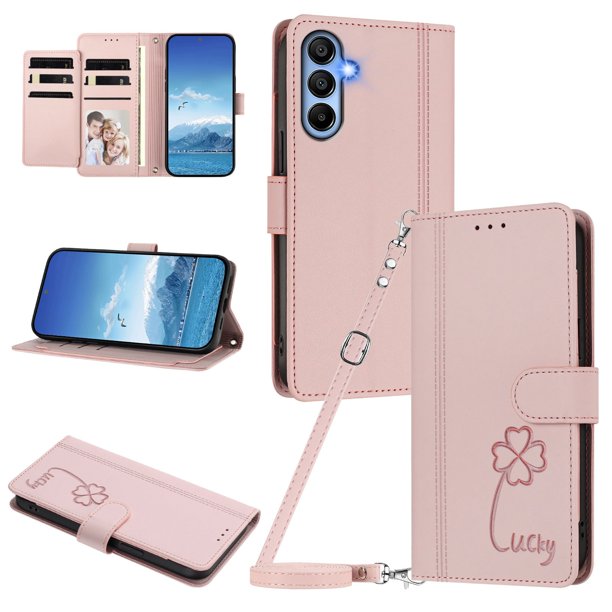 Funda Cartera Trébol para Samsung Galaxy A15 con Ranuras Tarjetas y Carga Inalámbrica Rosa