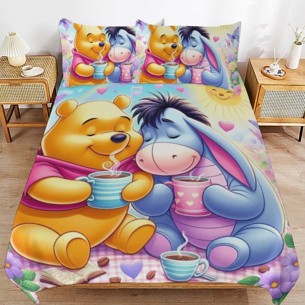Winnie The Pooh Bed Duvet Cover Microfiber Bedding Sets 3D Printed Lightweight 3 Piece Comforter Sets for Kids Boys Girls