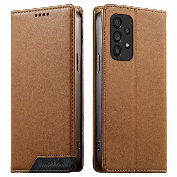Funda Tipo Cartera de Cuero Sintético para Samsung Galaxy A53 5G Bloqueo RFID, con Ranuras para Tarjetas y Bolsillo para Efectivo, Cierre Magnético Fuerte Marrón
