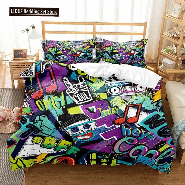v1092 Bed Sheets Hippie Graffiti Duvet Cover Set King Queen Size For Boys Youth Polyester Comforter Cover Modern Street Art Bedspread Cover 3-Piece Bedding Set (1 Duvet Cover + 2 Pillow Shams) Bed She