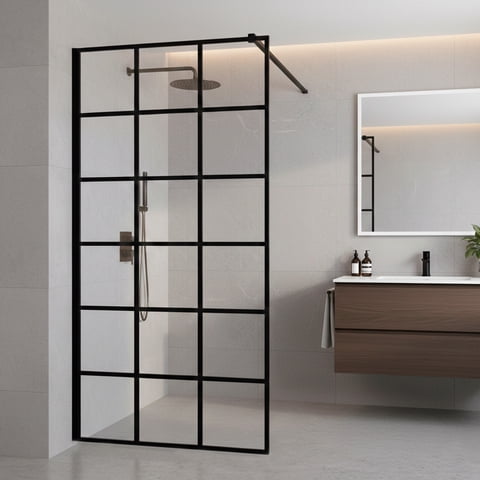 Mampara Fija De Baño Cuadros Negros Joytek 190×90 Cm Vidrio Templado 8 Mm