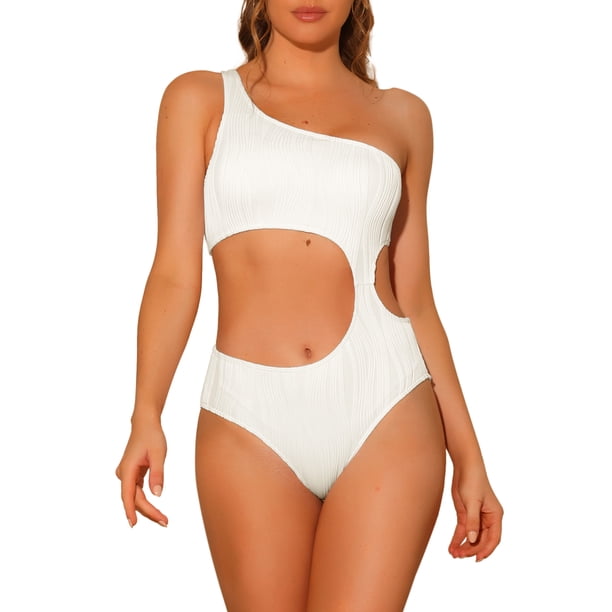 INSPIRE CHIC Traje de baño de una pieza para mujer con un solo hombro, corte asimétrico en la cintura, tejido acanalado, traje de baño monokini, talla extra pequeña, blanco