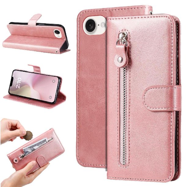 Funda tipo cartera para iPhone 16e con bolsillo con cremallera y ranuras para tarjetas – Función de soporte Rosa