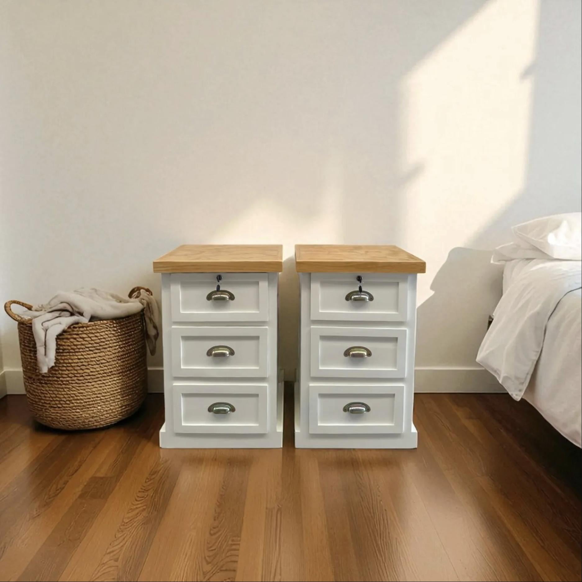 Arca Muebles - Par De Velador De Madera 3 Cajones Rústico 45x40x70 Color Blanco Almendra