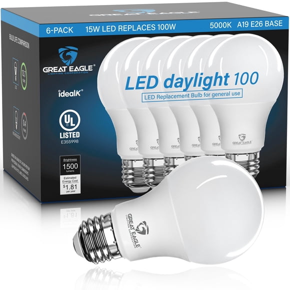 Bombillas LED Great Eagle A19, 15 W, 1500 lm, 5000 K (paquete de 6)