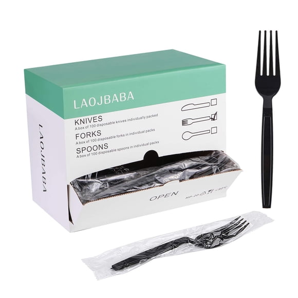 Tenedor desechable Laojbaba empaquetado individualmente, negro, 18,9 cm, 100 unidades