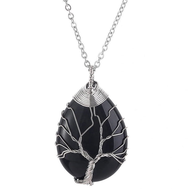 Healing Stones Tree of Life Necklace with Tiger Eye and Amethyst Crystals - Chakra Jewelry for Men and Women - Copper Wire Wrap Gemstone Pendant