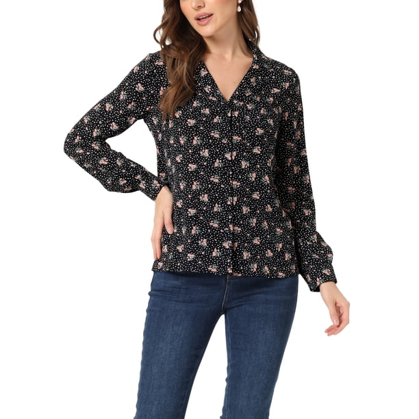 INSPIRE CHIC Camisas de Mujer de los años 50 con Mangas Largas Estampadas y Botones con Lunares de Corazón M Negro Floral