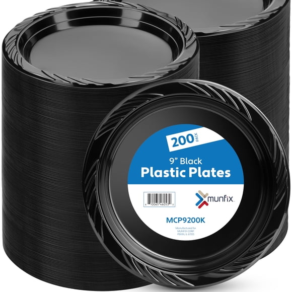 Platos de plástico Munfix 200 negros, 23 cm, aptos para microondas, reciclables