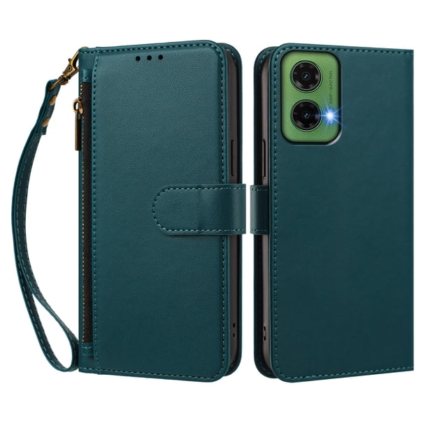 Funda Tipo Billetera para Motorola Moto G35 5G con Soporte y Bolsillo con Cierre Verde