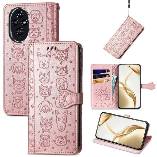 Funda Cartera FOXDOCK para Honor 200 , Flip PU con Relieve de Gatos y Perros, Tarjetero y Soporte