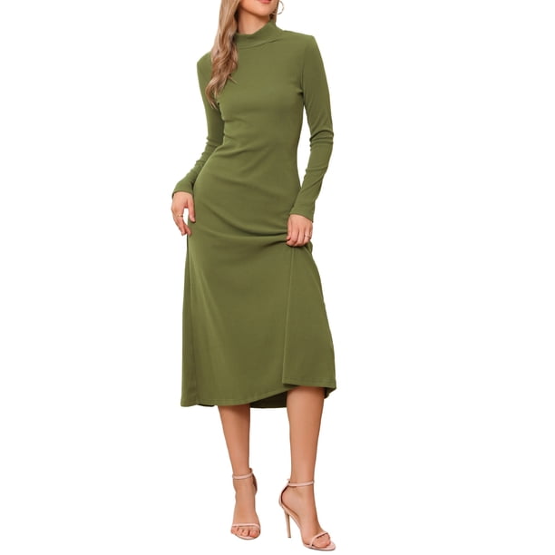 INSPIRE CHIC Vestido de Mujer Suéter Cuello Alto Manga Larga Elástico Fluido Tejido de Punto Maxi Vestido XS Verde Aguacate