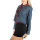 thumbnail image 2 of Jess de Meiko Chaquetas de Mujer Mangas Largas Cuello con Solapa Lazo de Color Contrastante Chaqueta de Denim XL Denim Lavado Verde / Burdeos, 2 of 6
