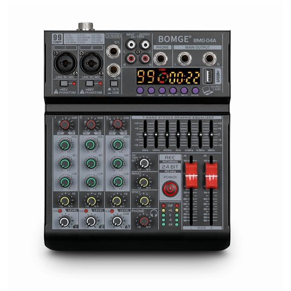 Mezclador de Audio BOMGE BMG-04A de 4 Canales USB Bluetooth 48V