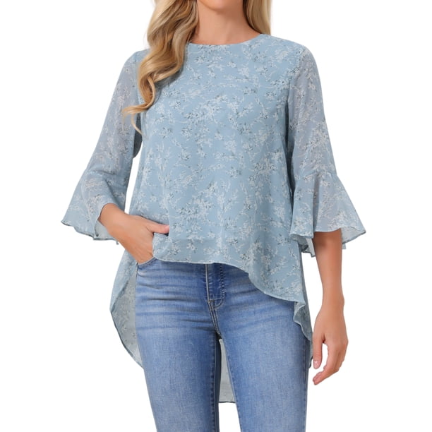 INSPIRE CHIC Blusas asimétricas de mujer con estampado floral, cuello redondo, blusa de gasa, camisa asimétrica, manga 3/4 acampanada, tops casuales de verano XL gris azul