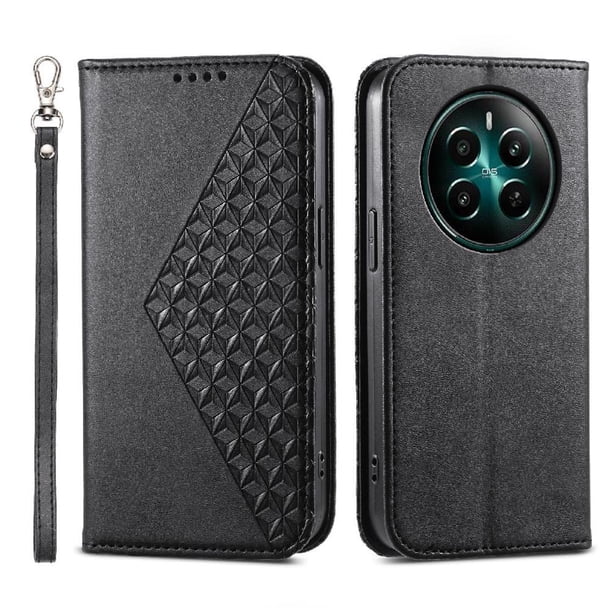 Funda Flip FOXDOCK para Realme 12 Plus 5G , Estilo Billetera con Diseño Rombo, Correa de Mano y Soporte, Uso Diario
