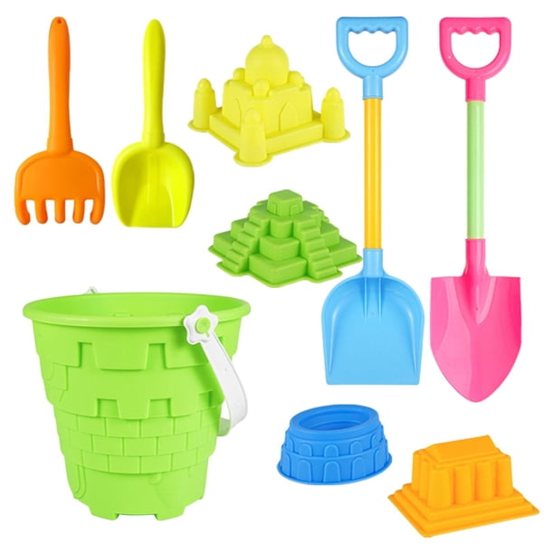 Juego de 9 cubos de arena para playa con forma de castillo, juego de juguetes para nieve y arena, cubos de castillo, pala de playa, kit de herramientas para viajes en la playa. Verde