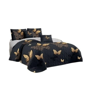 Genérico - Cubrecama Quilt Verano 1.5 Plazas - Negro Mariposa Kfl090
