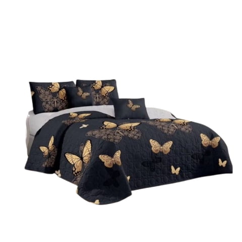 Genérico - Cubrecama Quilt Verano 1.5 Plazas - Negro Mariposa Kfl090