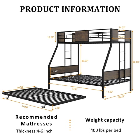 M&Ms - Twin Over Full Bunk Beds With Trundle, Metal Bunk Bed Frame With Safety Guardrail And 2 Ladder For Kids,Sturdy Metal Frame And Protective Board Supports, No Box Spring Needed, Easy Assembly